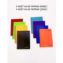 Viya Home Uni Note A4 Spiralli Defter Seti 8 Adet (4 Kareli + 4 Çizgili) 60 Yaprak Renkli Plastik Kapak Okul ve Ofis Defteri