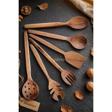 Ayrex Doğal Ceviz Ağacı Ahşap Tahta Kaşık Spatula Kevgir Çatal Seti Ağaç Kaşık (6 Lı Set