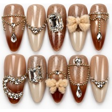 Takma Takma Kahveringi Nail Artı Extra Extra Extra KEEE1616 10'lu Tekrar Kullanılabilir El Yapımı Protez Takma Tırnak Ten Rengi-S