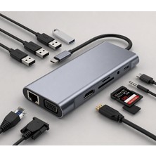 Tepex 11 In 1 Type-C To USB Hub Port Uyumlu Adaptör Hdmı 4x USB Lan VGA Sd Card Çevirici Çoklayıcı