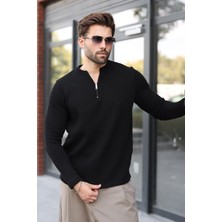Madmext Siyah Bisiklet Yaka Fermuar Detaylı Erkek Triko Sweatshirt E7209