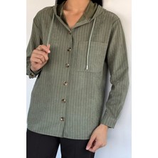 Gülseli Kadın Çizgi Desenli Kapüşonlu Spor Gömlek P-00021452
