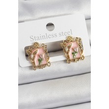 Inure Jewelry Pirinç Pembe Mineli Sanatsal Portre Model Gold Renk Kadın Küpe