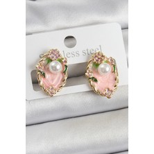 Inure Jewelry Pirinç Pembe Mineli İnci Detaylı Sanatsal Portre Model Gold Renk Kadın Küpe