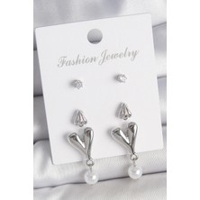 Inure Jewelry Pirinç Gümüş Renk Zirkon Taşlı Sallantılı Kalp Model 3 Çift Kadın Küpe Seti