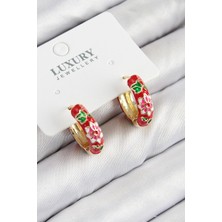 Inure Jewelry Pirinç Gold Renk Kırmızı Çiçek İşleme Mineli Kadın Küpe