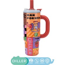 Diller 950ML Tumbler Desenli Serisi Parlak Gövdeli Pipetli/pipetsiz Kullanım Detokslu Büyük Kulplu SUS304 Paslanmaz Çelik Termos