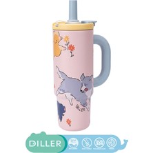 Diller 950ML Tumbler Desenli Serisi Parlak Gövdeli Pipetli/pipetsiz Kullanım Detokslu Büyük Kulplu SUS304 Paslanmaz Çelik Termos