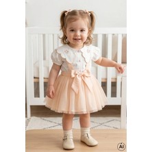 Cantoy  Kız Bebek Bej Askılı Tütü Etek ve Çiçek Nakışlı Bluz Takımı