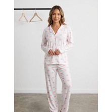 Wiwa Woman Kadın Beyaz Pembe Desenli Uzun Kollu Pijama Takımı