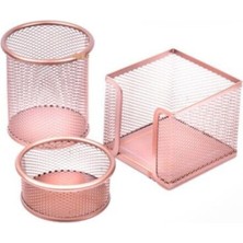 Rose Gold Perfore Metal Üçlü Set Kalemlik Ataşlık Küp Blok Desk Organizer