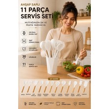 Mecra Life 11 Parça Silikon Mutfak Gereçleri Seti Ahşap Bambu Saplı – Kepçe Kaşık Spatula Servis Seti 360° Döner Standlı