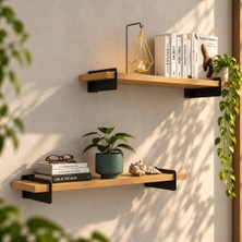 Create Handle 2'li Metal Ayaklı Ahşap Duvar Rafı 50X20 cm Atlantik Çam Renkli Dekoratif Kitaplık