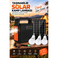 Matechno Taşınabilir Solar Güneş Enerjili LED Kamp Lambası Bluetooth Hoparlör Fm Radyo 3 Ampullü USB Şarjlı Aydınlatma Sistemi 6000 Mah Powerbank Özellikli