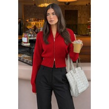 Seeh Kırmızı Çift Fermuarlı Dik Yaka Kadın Triko Hırka SH348