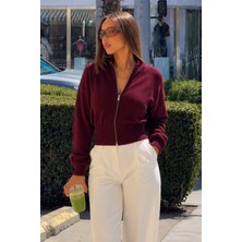 Seeh Bordo Çift Fermuarlı Dik Yaka Kadın Triko Hırka SH348