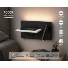 SeckinStore Kablosuz Şarjlı ve USB / Type-C Portlu Duvar Apliği - 9W 4000K Doğal Beyaz LED Okuma Lambası