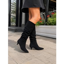 Asmi Shoes Kadın OSLO Topuklu Körüklü Şık Tarz Günlük Rahat Çizme  Siyah Süet