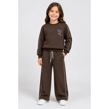 Kız Çocuk Kahverengi Çiçek Nakışlı Omuz Biyeli Sweatshirt ve Palazzo Eşofman Takımı