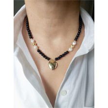 Devi Fashion Altın Rengi Kalpli  Siyah Kolye