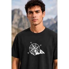 3 Erkek Outdoor Pusula Dağ Baskılı Kısa Kollu Oversize T-Shirt - Siyah