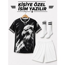 Sidas Isim Yazılır Kartal Desen Siyah-Beyaz  Beyaz Şortlu Çocuk Futbol Forması Takımı Çorap Hediyeli
