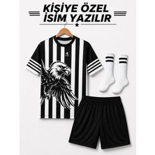 Sidas Isim Yazılır Kartal Desen Siyah-Beyaz Siyah Şort Çocuk Futbol Forması Takımı Çorap Hediyeli