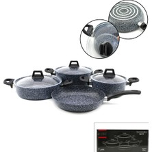 Gri 7 Parça Granit Tencere - Tava Seti 20-24CM Derin - 27CM Basık Cam Kapak Tencere - 26CM Tava BX40