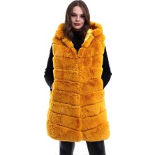Mythrıva  Kapşonlu Peluş Kürk Yelek Premium Kalite, Tam Astarlı, Uzun Model - Sarı