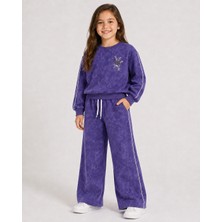 Kız Çocuk Mor Yıkama Efektli Çiçek Nakışlı Omuz Biyeli Sweatshirt ve Palazzo Eşofman Takımı