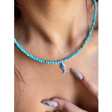 Aida Jewelss Gümüş Kilitli 3mm Fased Kesim Doğal Firuze Taşlı Kolye Gümüş Balıklı Kolye