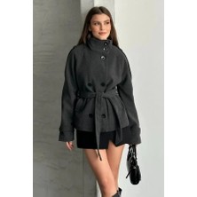 Moda Durağı Arven Dik Yaka Kuşaklı Kısa Astarlı Kaşe Kaban Antrasit
