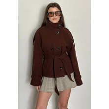 Moda Durağı Arven Dik Yaka Kuşaklı Kısa Astarlı Kaşe Kaban Acı Kahve