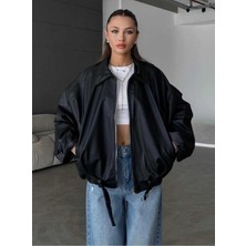 Moda Durağı Kadın Oversize Deri Ceket– Oversize Relax Fit, Fermuarlı Kemer Detaylı Günlük Kadın Ceket Siyah