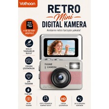 Just Cheap Store Retro Mini Dijital Kamera 1080P 1.47 Inç Flip Ekranlı Flaşlı Selfie Vlog Kamerası 4gb Sd Hediyeli Pembe