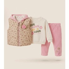 Baby Hi 3'lü Kapitone Çiçekli  Kız Bebek Takım 6-9 Ay 9-12 Ay 12-18 Ay Yenidoğan Bebek Takım Kapüşonlu Yelek+Uzun Kollu Çıtçıtı Body+Pijama Kız Bebek Takım
