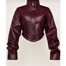 Moda Durağı Frozen Yeni Sezon Korse Detaylı Crop Deri Ceket Bordo