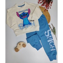 Moda Rüyası Disney Stitch Baskılı Erkek Çocuk Eşofman Takımı - Bisiklet Yaka Sweatshirt ve Jogger Alt Takım - Mavi/ekru