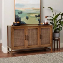 Şafak Mobilya Walnut Retro Model Rattan Detaylı 3 kapaklı Masif Konsol