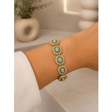 Mare Butik Turkuaz Taşlı Gold Vintage Bileklik