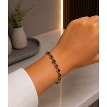 Mare Butik Kırmızı & Zümrüt Yeşili Damla Taşlı Gold Bileklik