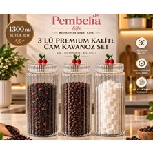 Kitchen Pembelia 3’lü Kiraz Detaylı Cam Saklama Kavanoz Seti Kahve Köşelerine Uygun Çay Şeker Kahve Kavanoz Takımı 1300 cc Bakliyat Saklama Kabı