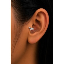 Semtim Kuyumculuk Sertifikalı 316L Çelik Taşlı Köpek Figürlü Siyah Tasma Detaylı Premium Gümüş Renk Tragus ve Helix Piercing Gold 28 Sertifikalı, Özel Kutulu, Hediye Paketli