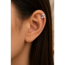 Semtim Kuyumculuk Sertifikalı 316L Çelik Yıldız Tutan Ayıcık Figürlü Taş Detaylı Premium Gümüş Renk Tragus ve Helix Piercing Gold 38 Sertifikalı, Özel Kutulu, Hediye Paketli