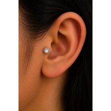 Semtim Kuyumculuk Sertifikalı 316L Çelik Buz Mavisi Taşlı Güneş Işını Figürlü Premium Gümüş Renk Tragus ve Helix Piercing Gold Sertifikalı, Özel Kutulu, Hediye Paketli