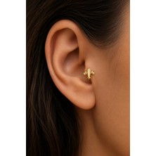 Semtim Kuyumculuk Sertifikalı 316L Çelik Krem Taşlı Uçak Figürlü Premium Altın Kaplama Tragus ve Helix Piercing Gold