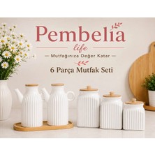Kitchen Pembelia 6 Parça Bambu Standlı 2’li Porselen 1000ML Yağdanlık ve 3’iü Porselen Kavanoz Set