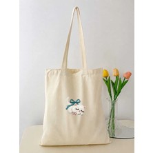 Le Vion Yeşil Kedi Baskılı Bez Omuz Çantası 38X42 cm - Tasarım 39
