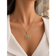 Mare Butik Turkuaz Taş Detaylı Güneş Madalyon Çelik Kolye – Gold