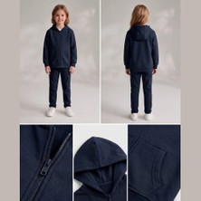 Dereff Unisex 3 Iplik Şardonsuz Kapşonlu Fermuarlı Sweatshirt (Lacivert) 11-12 Yaş